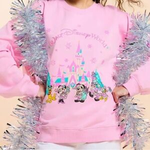 Disney Parks 2025 WDW Pink Holiday Castle Santa Mickey Pullover NEW